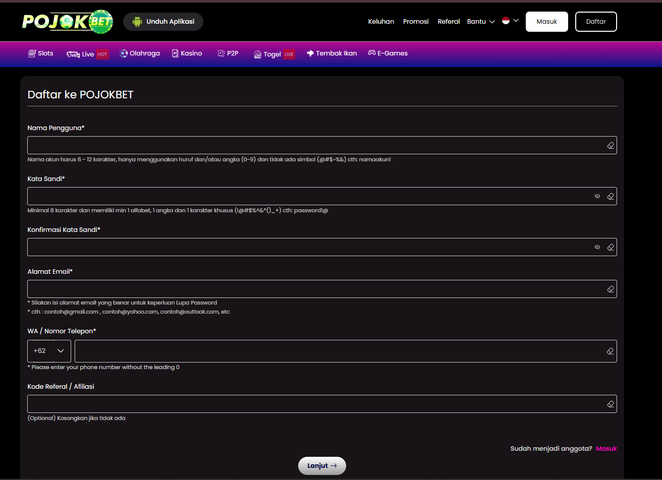 daftar resmi pojokbet